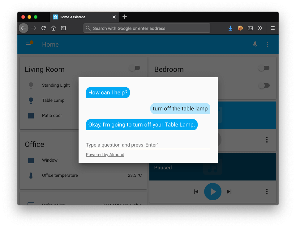 Screenshot showing Almond integration in Home Assistant.