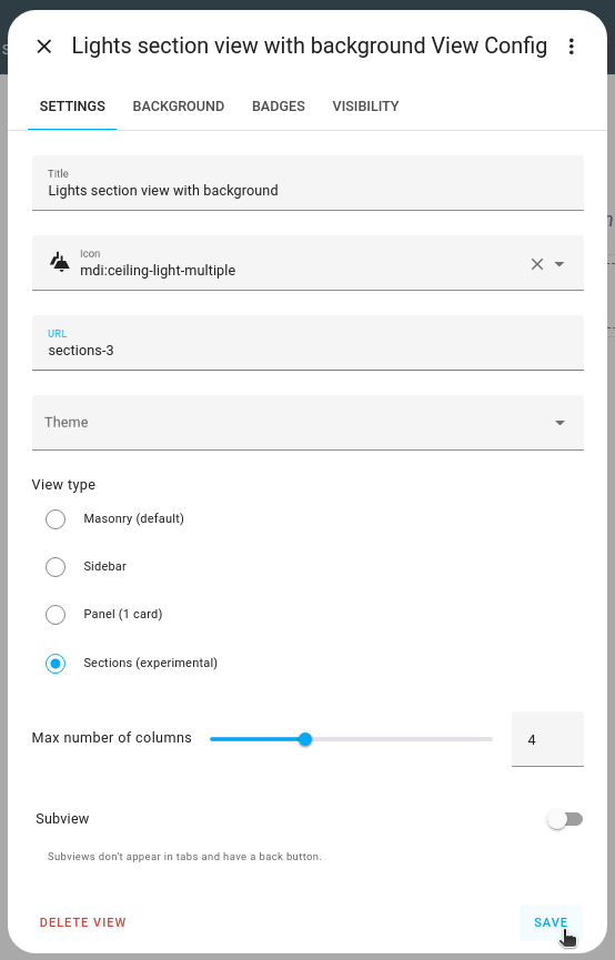 The create new view configuration dialog