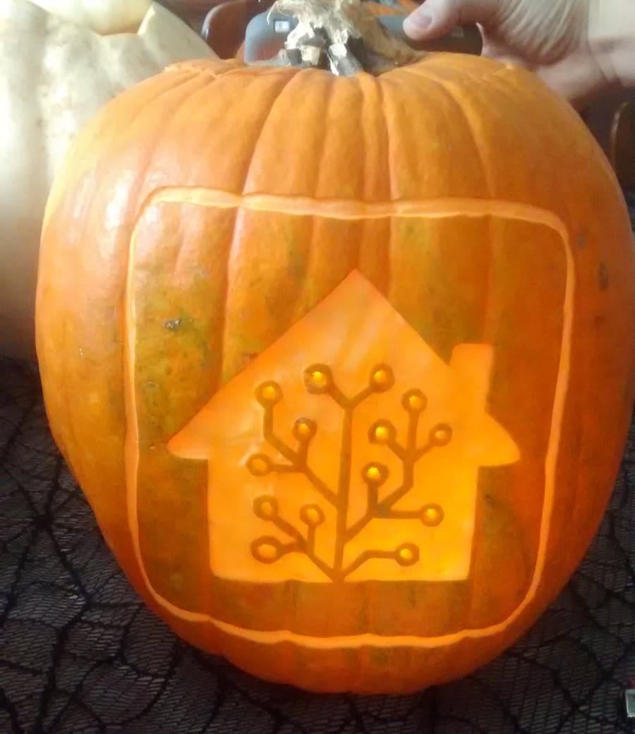 Pumpkin with Home Assistant logo carved in.