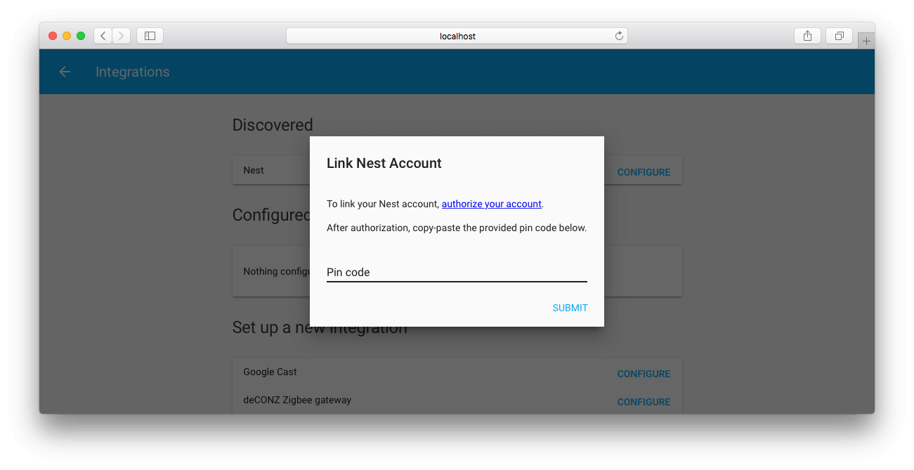 Screenshot of a browser showing a dialog to link a Nest account to Home Assistant.