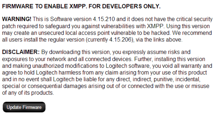 Screenshot of the developer-only firmware reinstating the local XMPP API. Also includes a disclaimer that it voids your warranty.