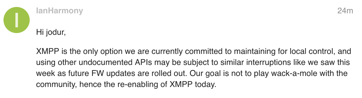 Screenshot of someone from Harmony stating that they are going to keep the local XMPP API around.
