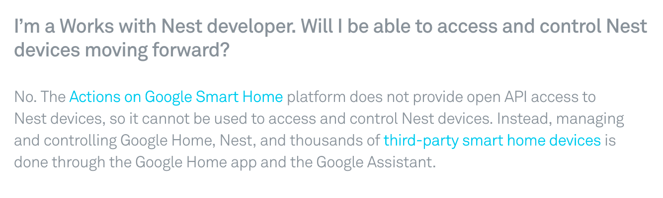 Screenshot of the FAQ on the Nest developer website.