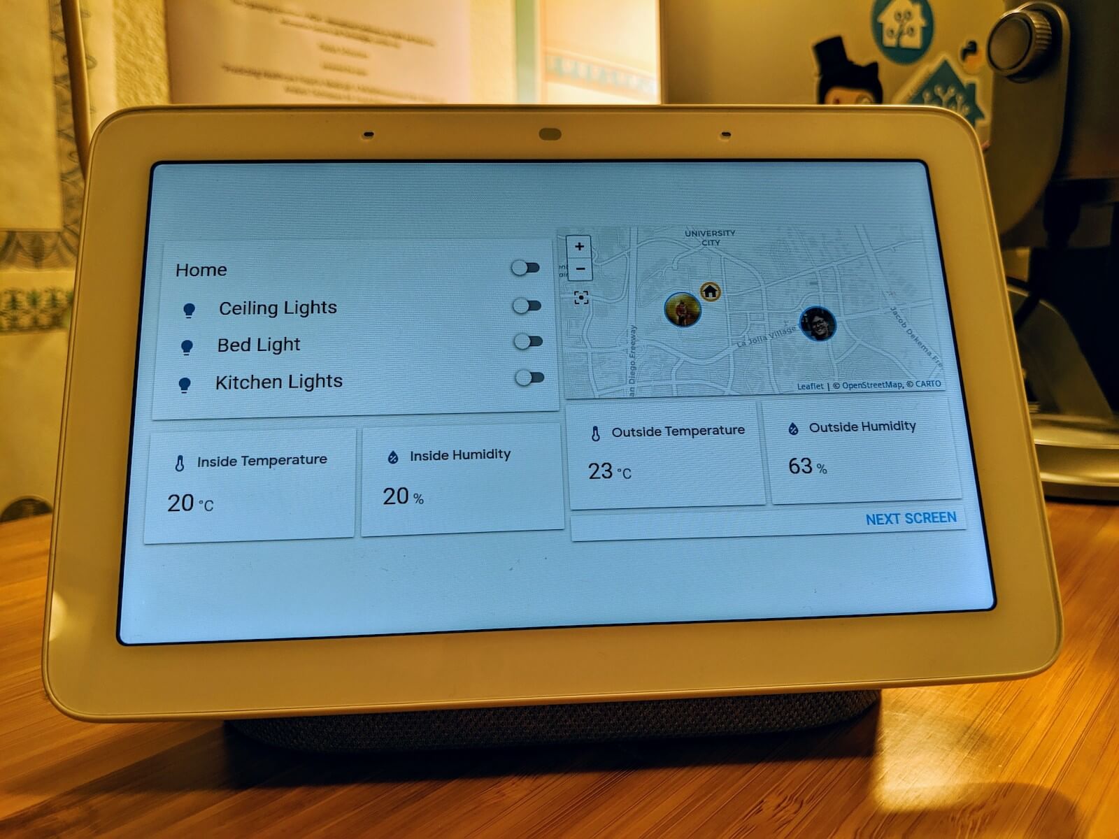 Photo of a Google Nest Hub running the Home Assistant Cast interface.