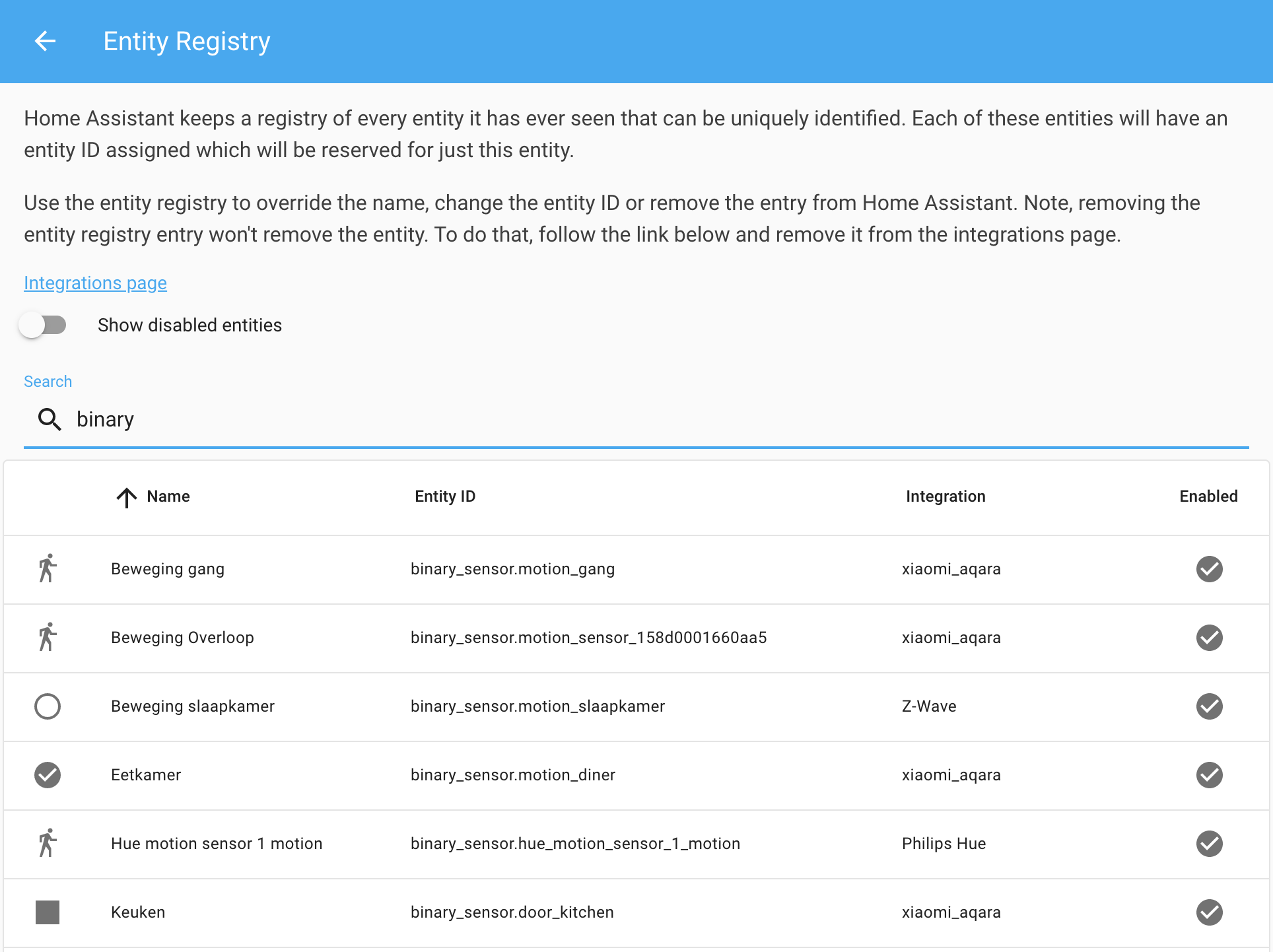Screenshot of the entity registry data table.