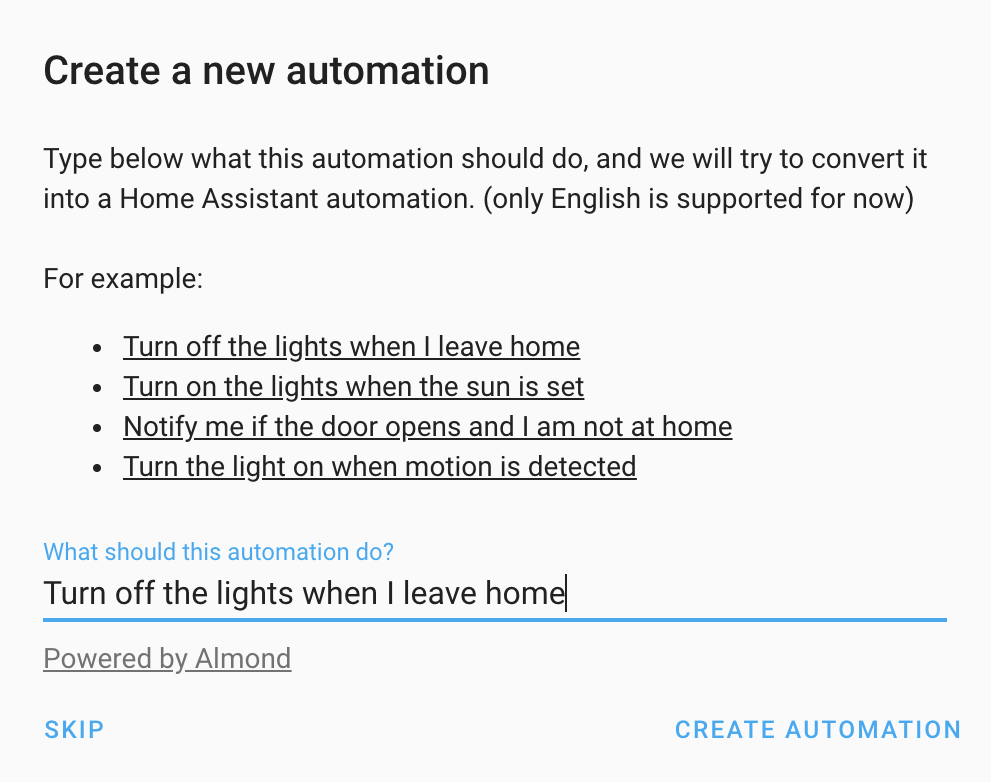 Screenshot of the create automation dialog.
