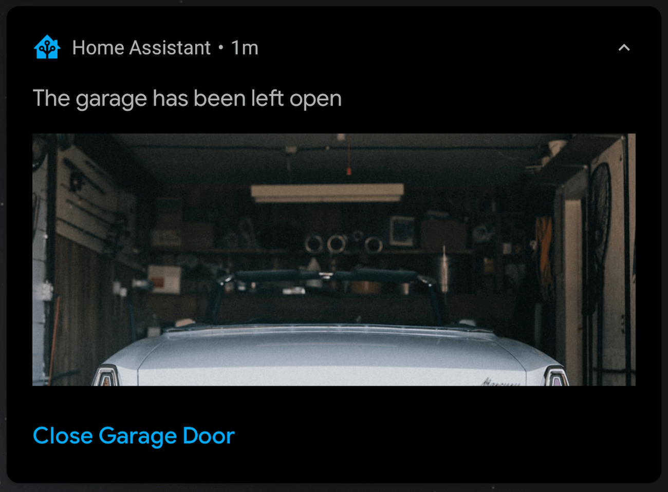 A notification showing an open garage