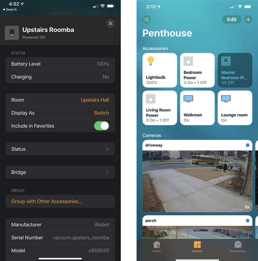Screenshot from HomeKit. Left: accessory information, Right: Camera support.