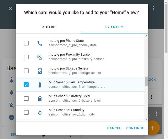 Screenshot of add card by entity selection view in Lovelace UI.