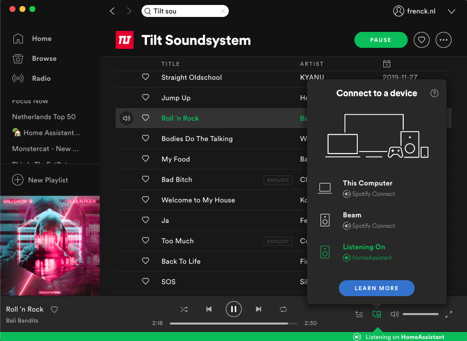 Screenshot of Spotify connected to Home Assistant as audio output.