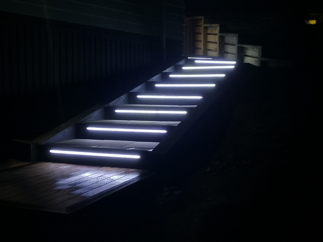 Picture of the end result of the stairs with smart lights Jay build.