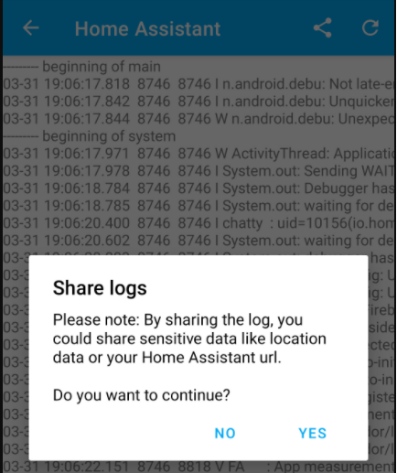 Screenshot of in-app log viewer