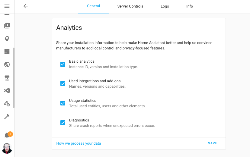 Screenshot of the Home Assistant Analytics options