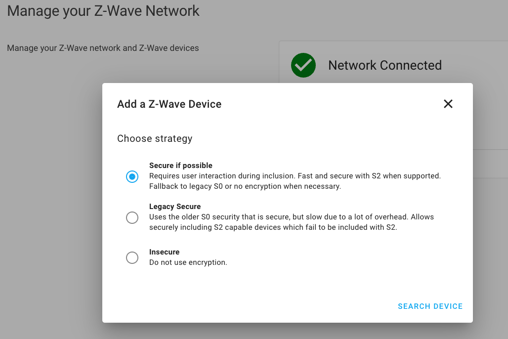 Screenshot of Z-Wave JS pairing a new device with S2 security