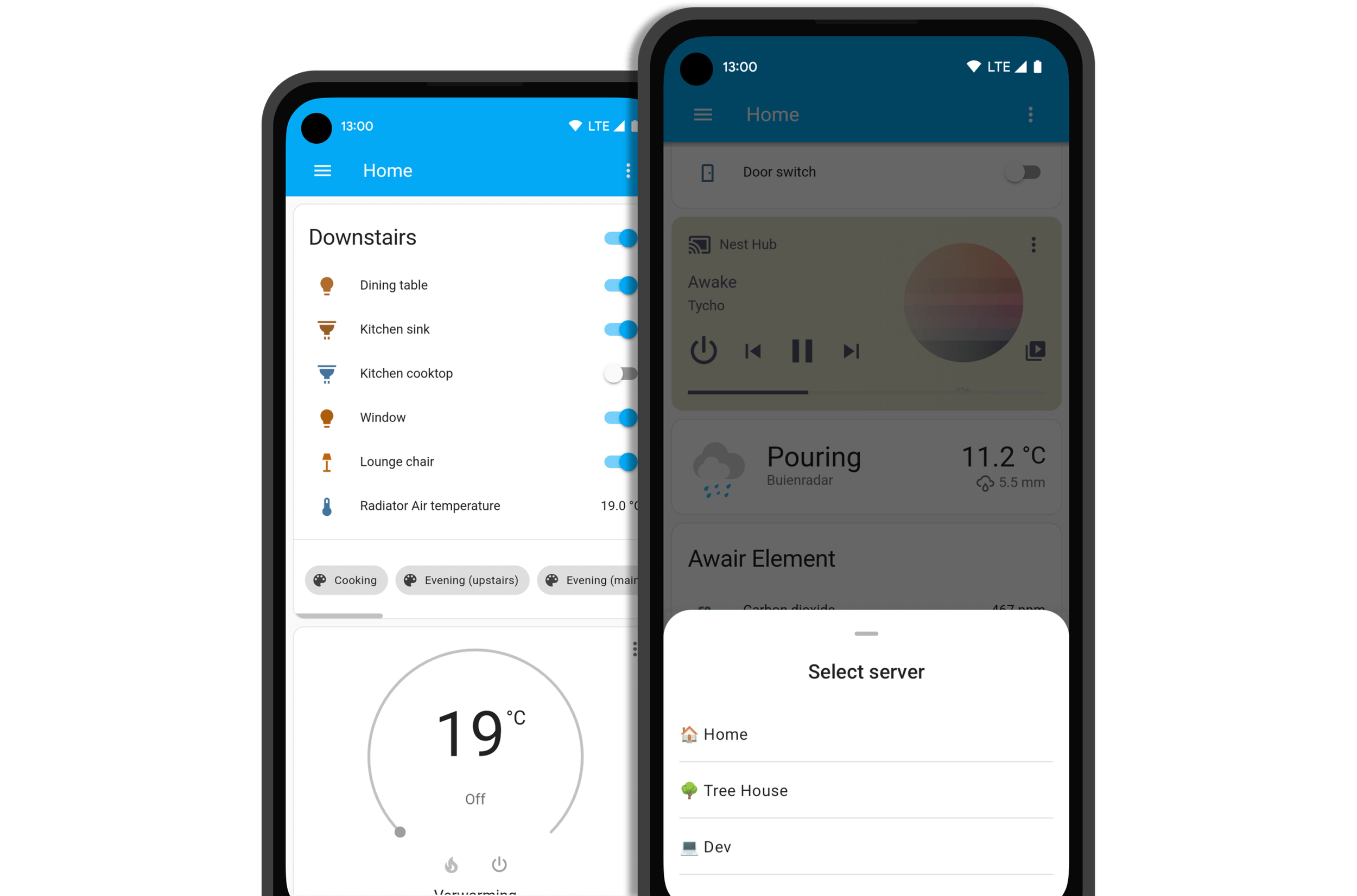 Capturas de pantalla de un teléfono con diferentes paneles en la aplicación, uno de ellos con una ventana emergente titulada 