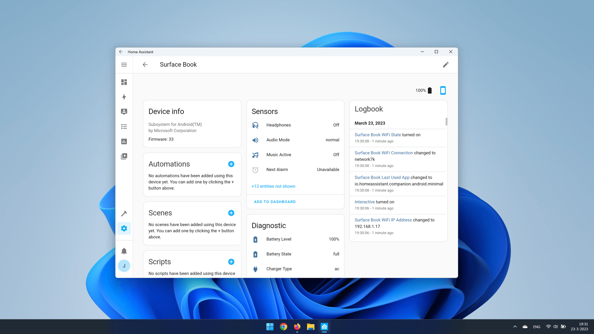 Captura de pantalla de la aplicación Home Assistant de Android en un dispositivo con Windows 11
