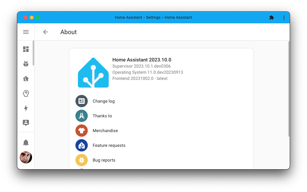 Captura de pantalla que muestra el nuevo logotipo que aparece en la página Acerca de en la interfaz de usuario de Home Assistant.