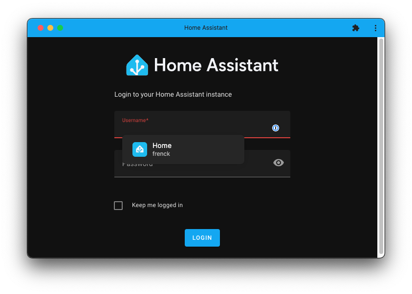 Captura de pantalla de la pantalla de inicio de sesión de Home Assistant que muestra el uso de 1Password