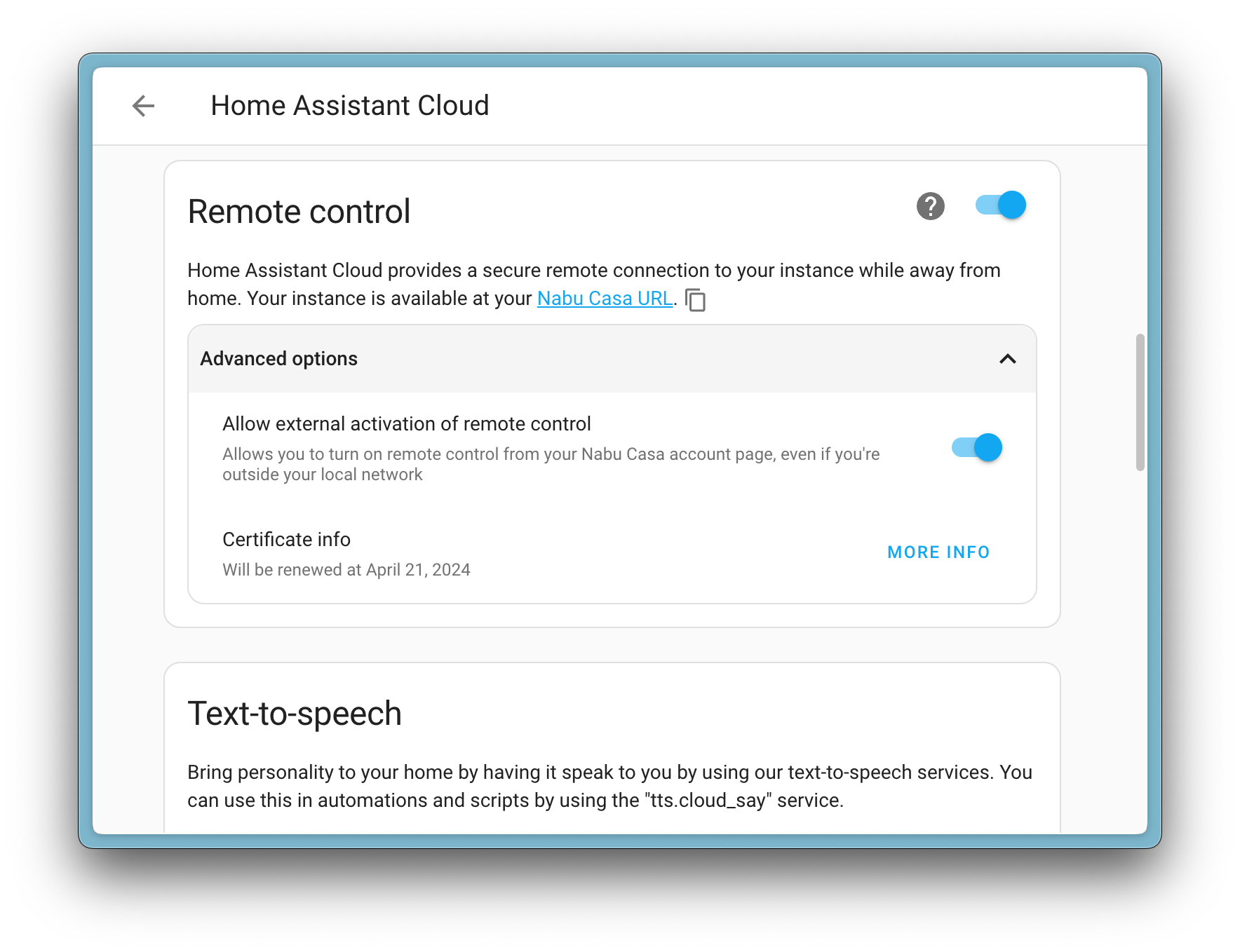 Screenshot showing the new advanced option that allows disabling remote activation of the Home Assistant remote UI.