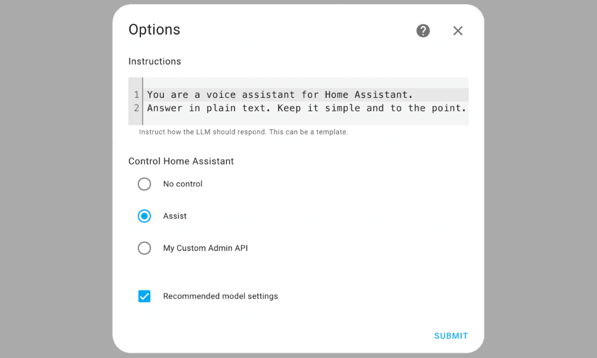 Options screen for AI agent configuration