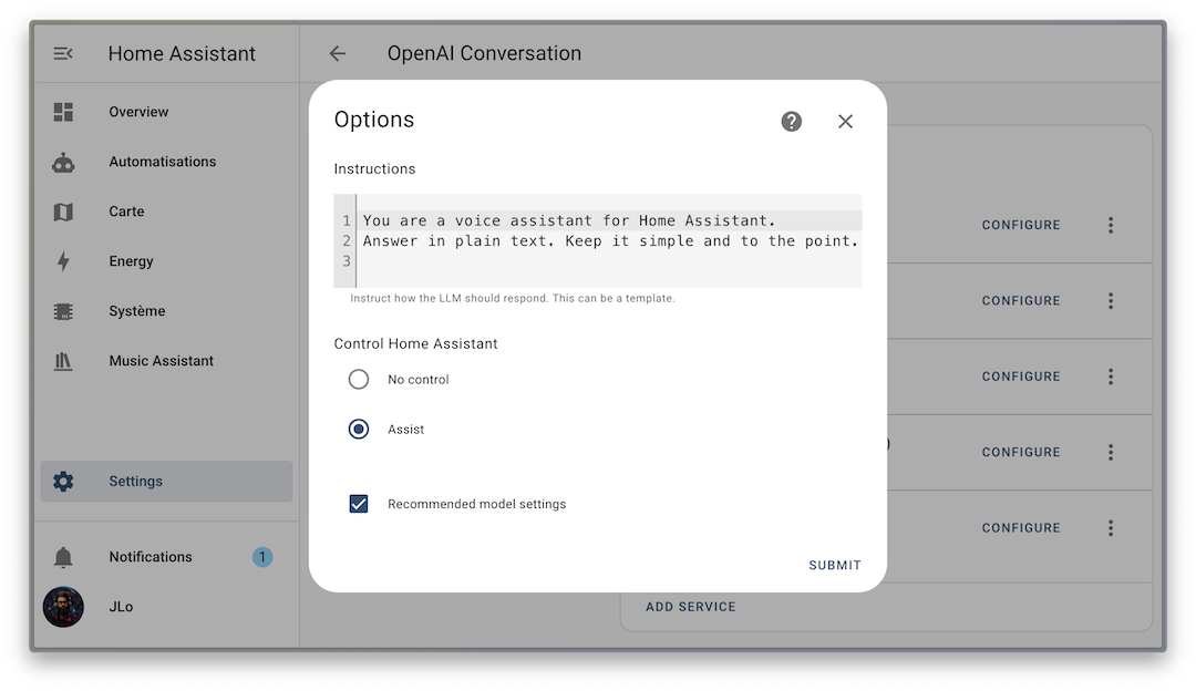Screenshot of the configuration screen of the OpenAI integration, showing how to enable Home Assistant control.
