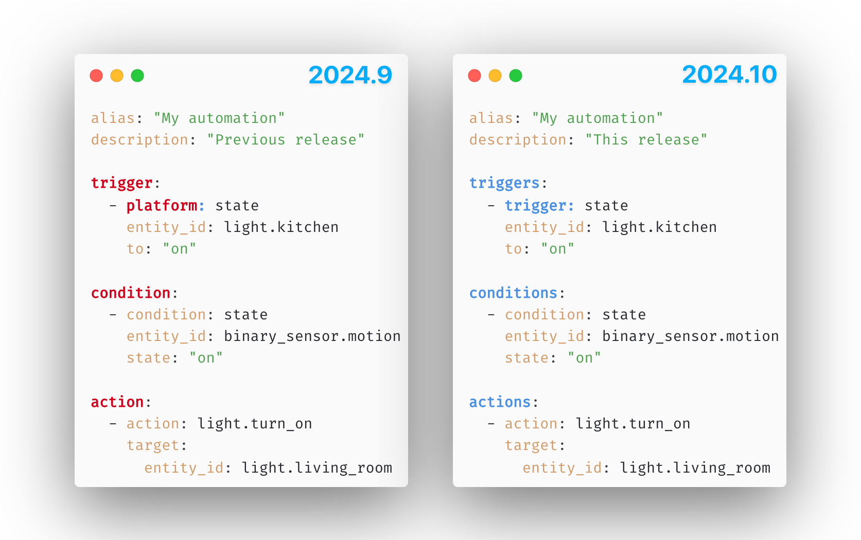 Screenshots; left showing the old automation YAML style, right showing the new style. The differences between them have been highlighted.