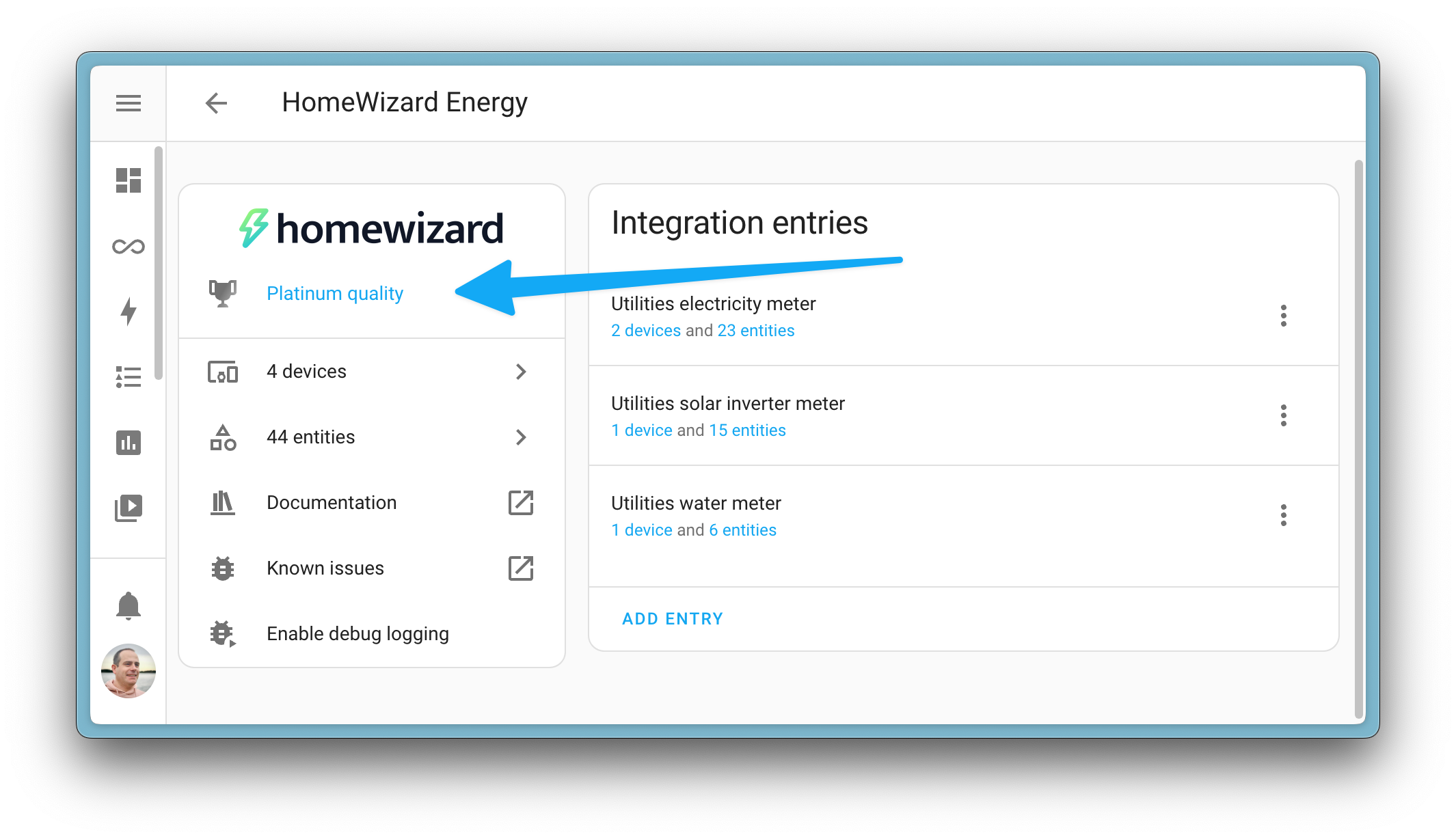 The integration quality scale is also shown in the Home Assistant UI now. The image shows the HomeWizard Energy integration scoring platinum on the new integration quality scale.