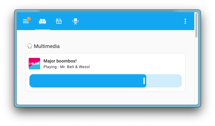 The tile card with a media player entity, having the volume feature slider enabled