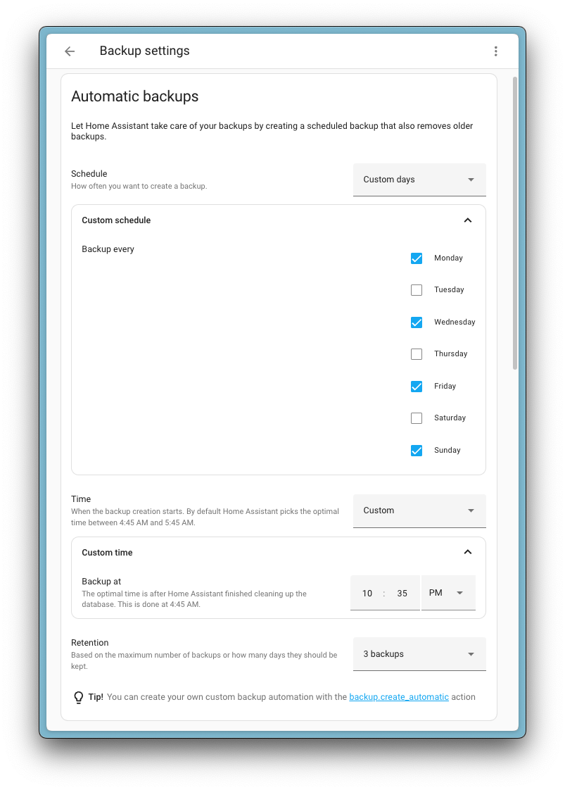 Screenshot showing the backup configuration options, you can now set your own time and select which days to backup.