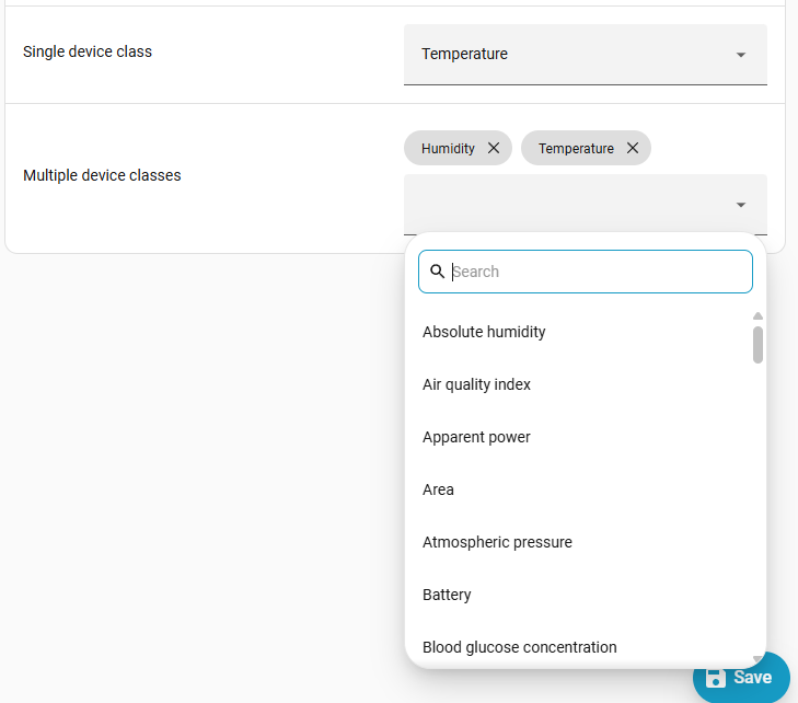 Screenshot of a device class selector