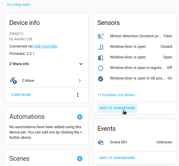 Add to Dashboard button on the device page