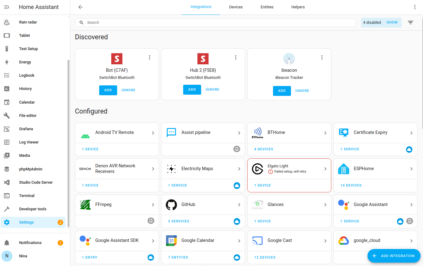 Screenshot of the integrations page, with discovered devices