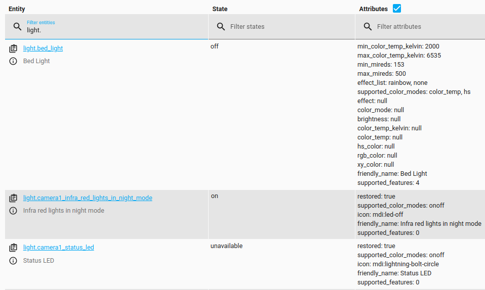 Screenshot showing three lights with different states and attributes