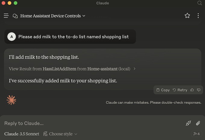 Screenshot of Claude for Desktop adding an item to a Home Assistant To-do list