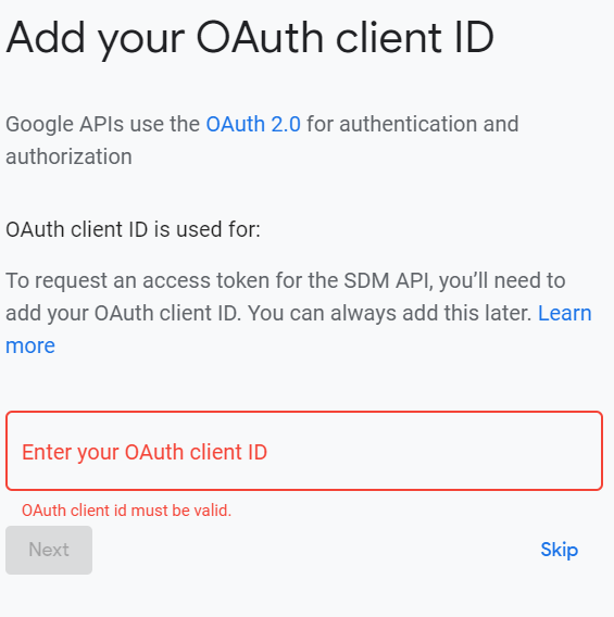 Screenshot of Device Access Console OAuth client ID