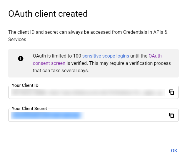 Screenshot of OAuth Client ID and Client Secret
