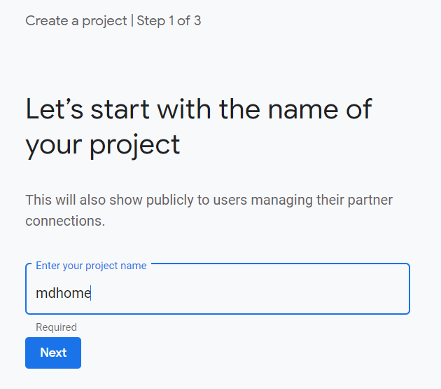 Screenshot of naming a project