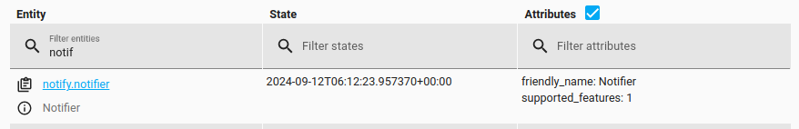 Screenshot showing the state of a notify entity in the developer tools