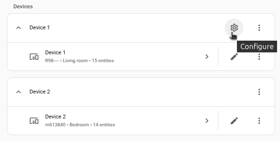 Screenshot showing the cogwheel icon on an integration card in the Settings > Devices & services page